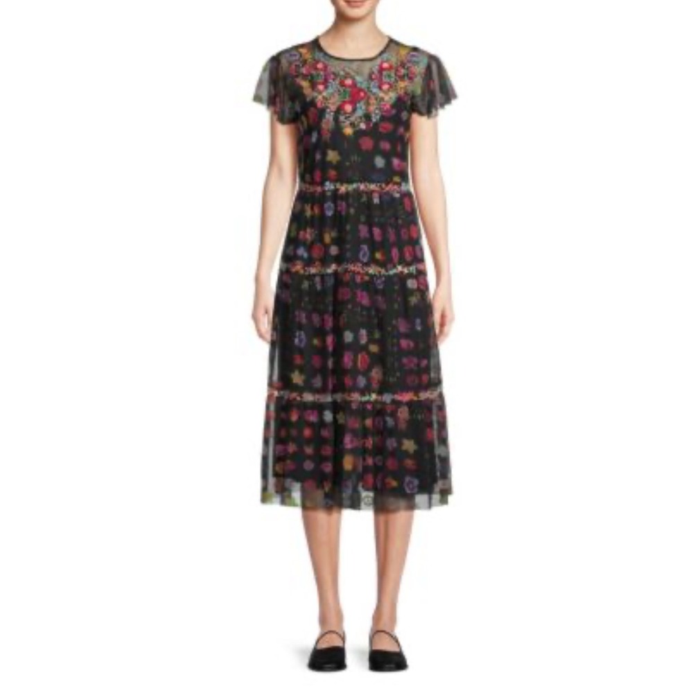 Johnny Was | Rheia Dress | Large Midi Floral Embroidered Tulle | NO LINER